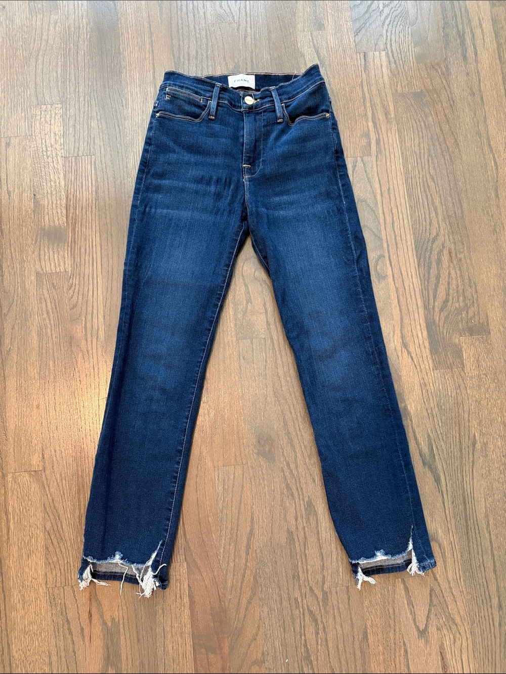 Frame Dark Blue Distressed Hem Straight Jeans